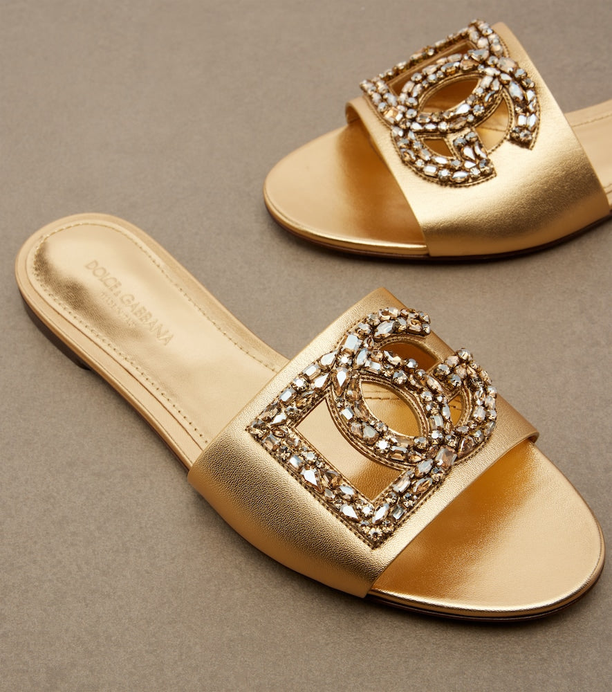 Dolce&Gabbana DG embellished metallic leather slides (Gold) - Slides