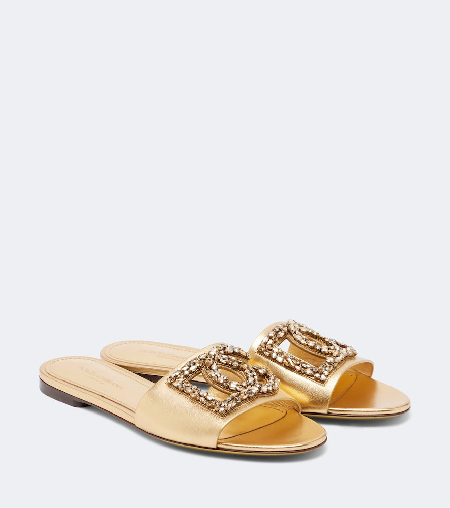 Dolce&Gabbana DG embellished metallic leather slides (Gold) - Slides