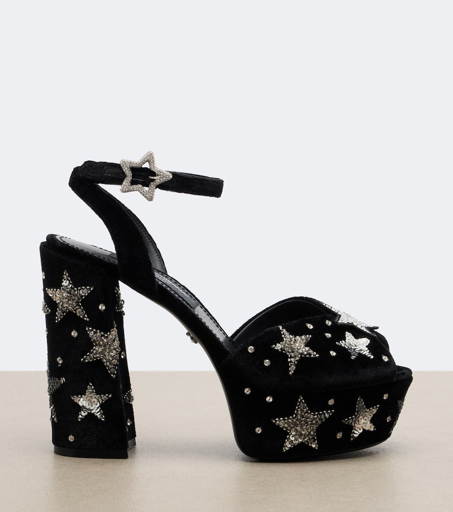 Dolce&Gabbana Embellished velvet platform sandals (Black) - High-Heel Sandals