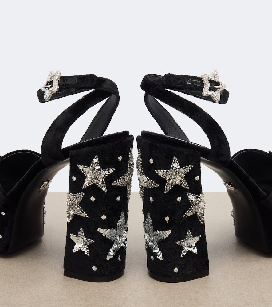 Dolce&Gabbana Embellished velvet platform sandals (Black) - High-Heel Sandals