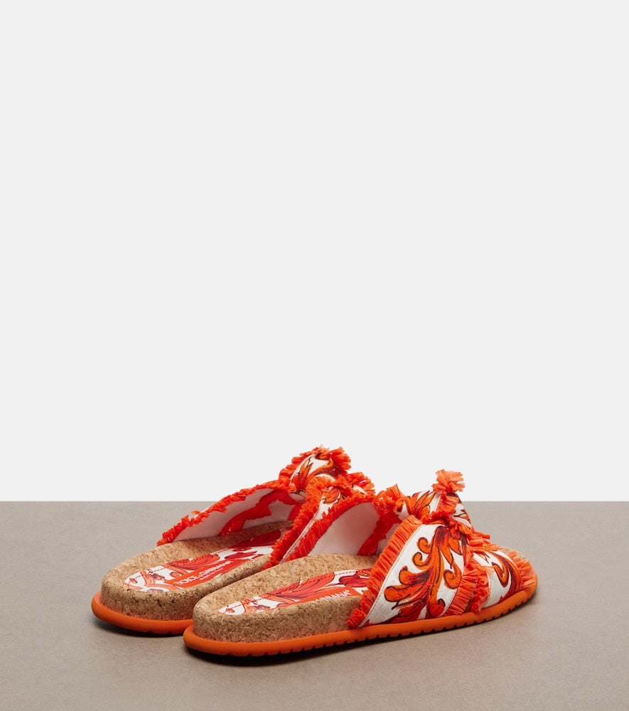 Dolce&Gabbana Majolica fringed brocade slides (Orange) - Slides