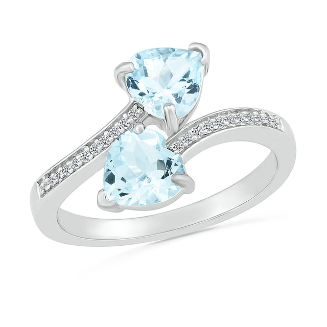 Double Heart-Shaped Aquamarine Diamond Accent Sterling Silver Ring - Size 7.5