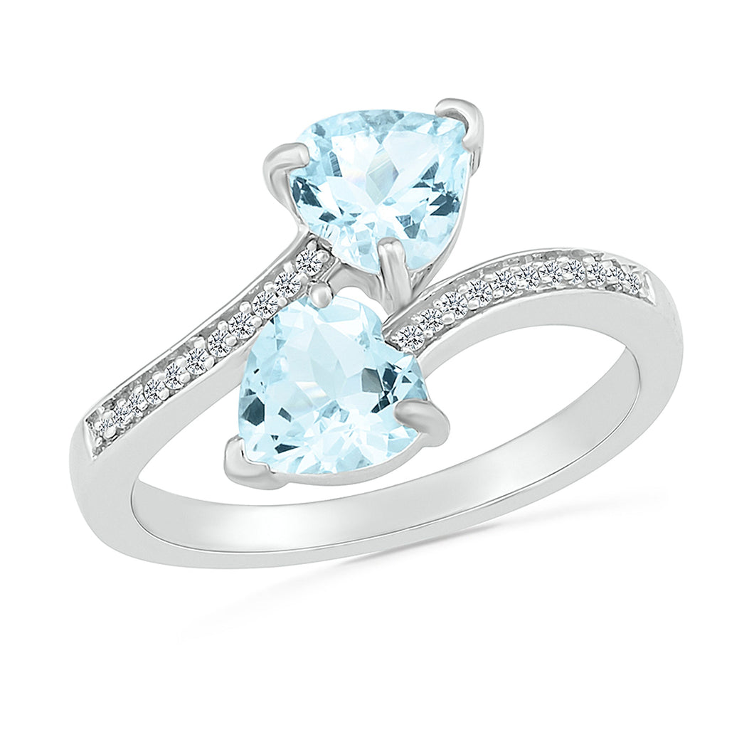 Double Heart-Shaped Aquamarine Diamond Accent Sterling Silver Ring - Size 7.5
