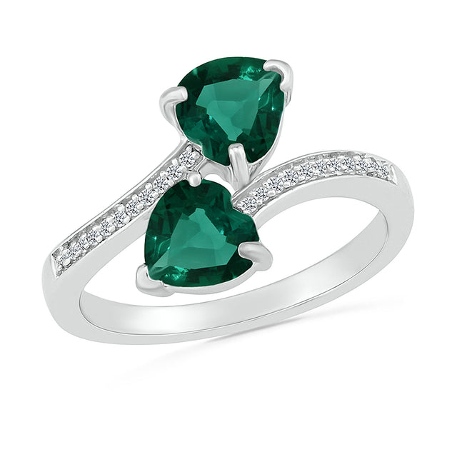 Double Heart-Shaped Created Emerald Diamond Accent Sterling Silver Ring - Size 5.5