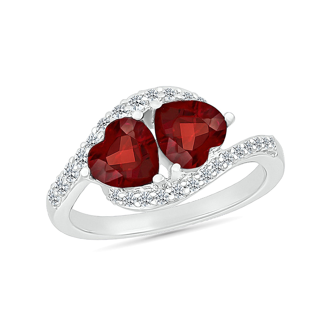 Double Heart-Shaped Garnet and 1/4ctw Diamond Sterling Silver Ring - Size 5