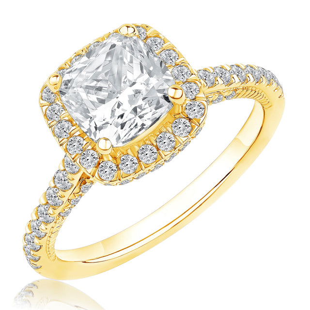 Downton Abbey 2 3/4ctw Cushion Lab Grown Diamond Halo Yellow Gold Engagement Ring - Lady Rose - Size 5