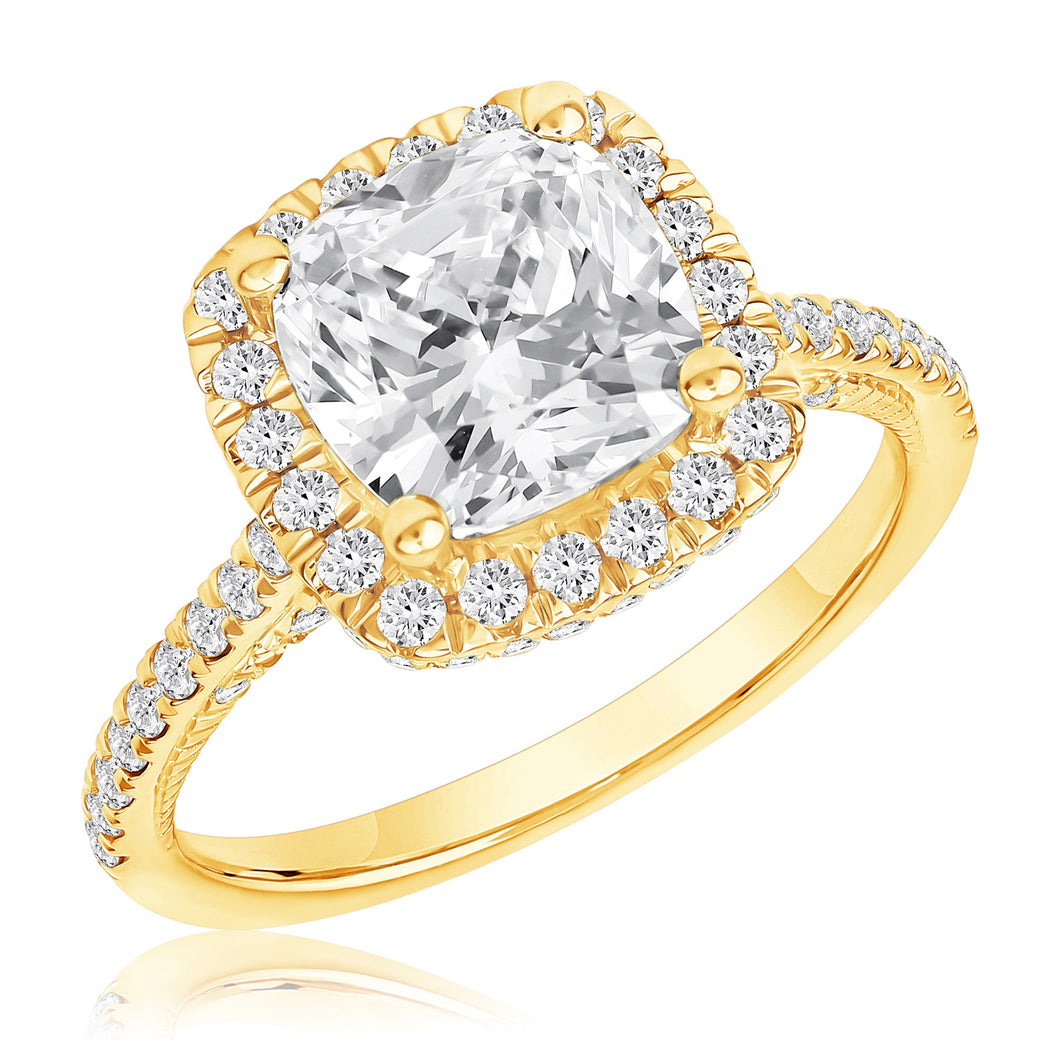 Downton Abbey 3 3/4ctw Cushion Lab Grown Diamond Halo Yellow Gold Engagement Ring - Lady Rose - Size 5