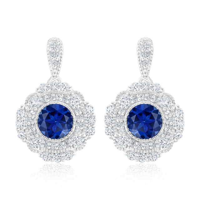 Downton Abbey | Cora Grantham - Created Blue Sapphire Milgrain Halo Sterling Silver Earrings