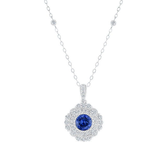 Downton Abbey | Cora Grantham - Created Blue Sapphire Milgrain Halo Sterling Silver Pendant Necklace