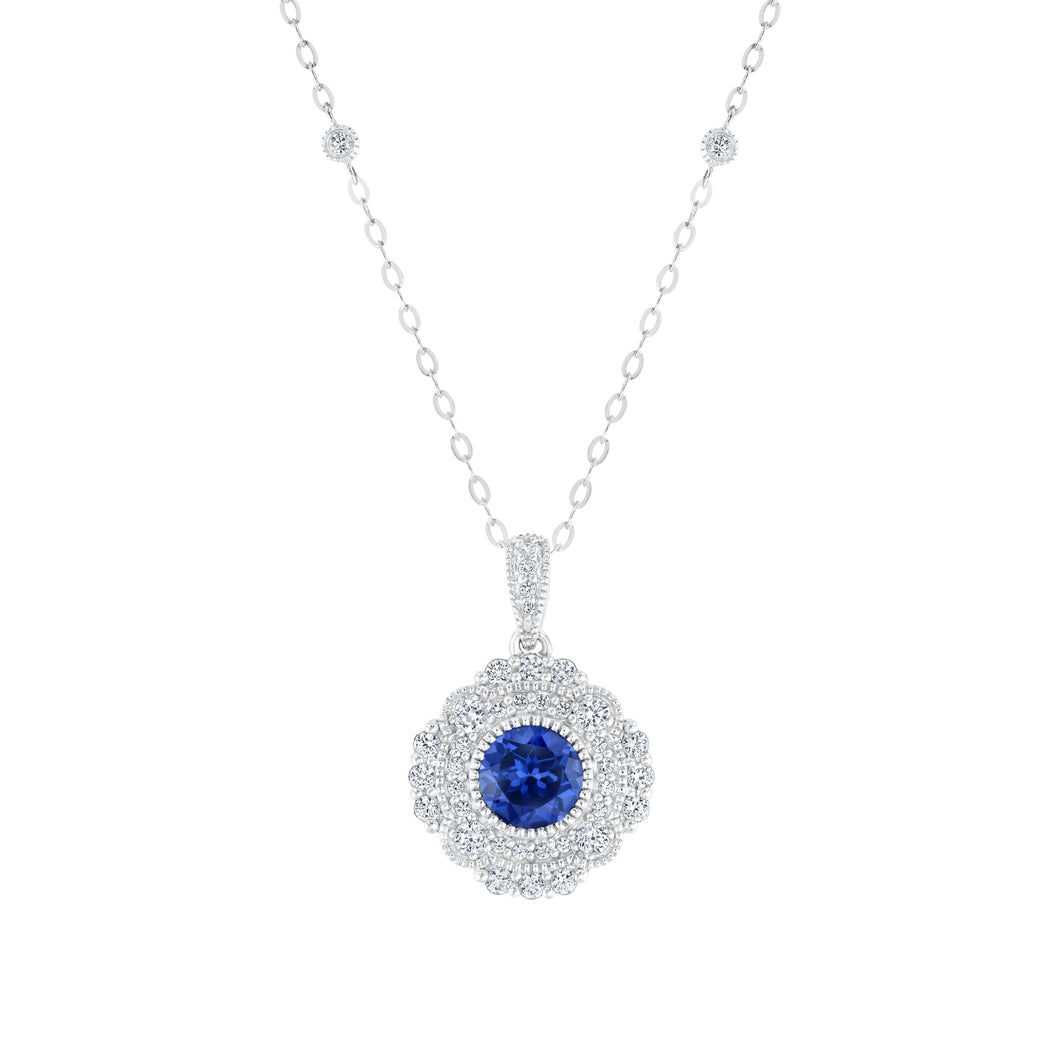 Downton Abbey | Cora Grantham - Created Blue Sapphire Milgrain Halo Sterling Silver Pendant Necklace