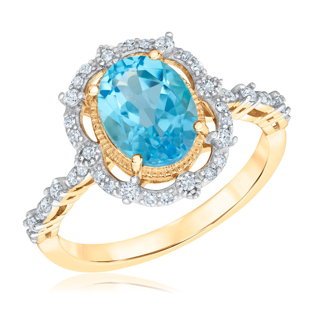 Downton Abbey Cora Grantham - Oval Sky Blue Topaz and 1/4ctw Diamond Yellow Gold Ring