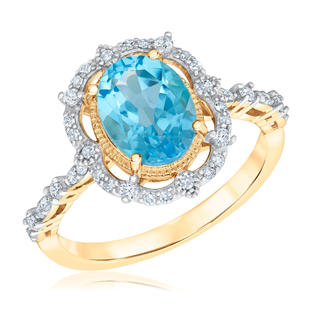 Downton Abbey Cora Grantham - Oval Sky Blue Topaz and 1/4ctw Diamond Yellow Gold Ring