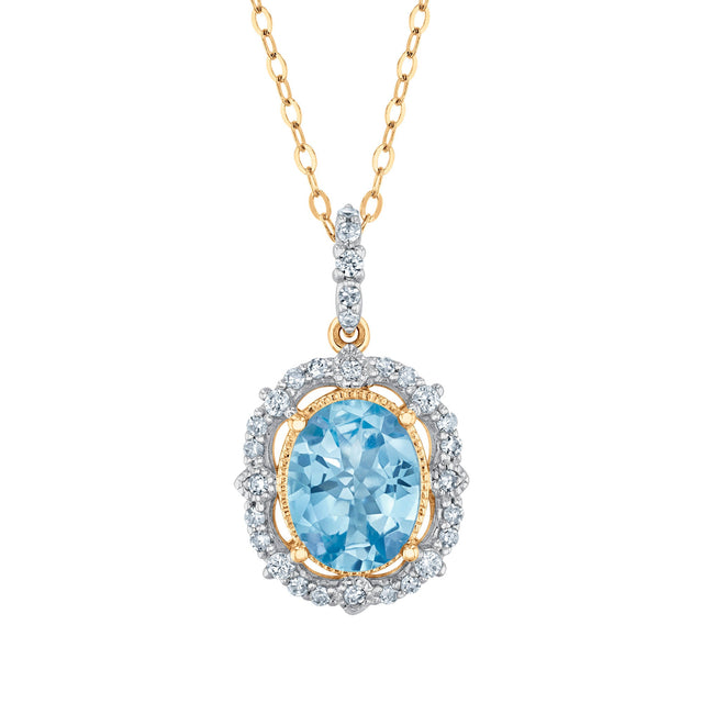 Downton Abbey Cora Grantham - Oval Sky Blue Topaz and 1/5ctw Diamond Yellow Gold Pendant Necklace