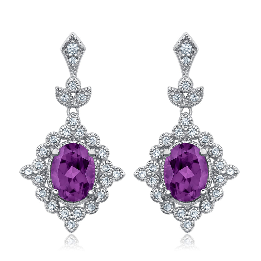 Downton Abbey Dowager Countess - Oval Amethyst and Created White Sapphire Sterling Silver Earrings