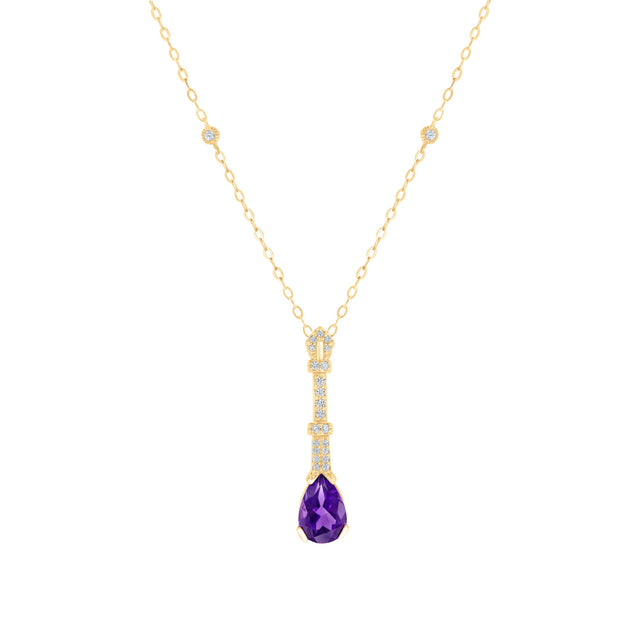 Downton Abbey | Dowager Countess - Pear Amethyst and 1/10ctw Diamond Yellow Gold Drop Pendant Necklace
