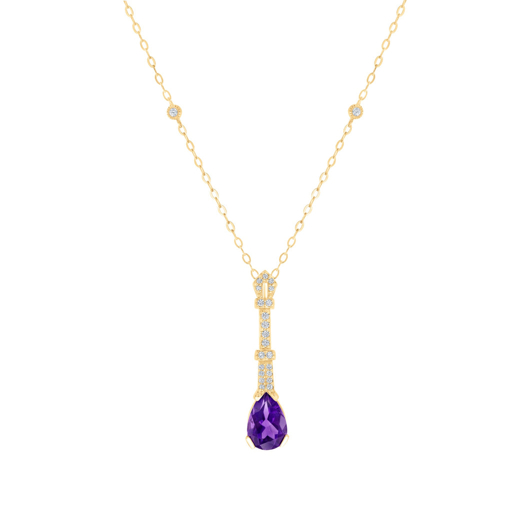 Downton Abbey | Dowager Countess - Pear Amethyst and 1/10ctw Diamond Yellow Gold Drop Pendant Necklace