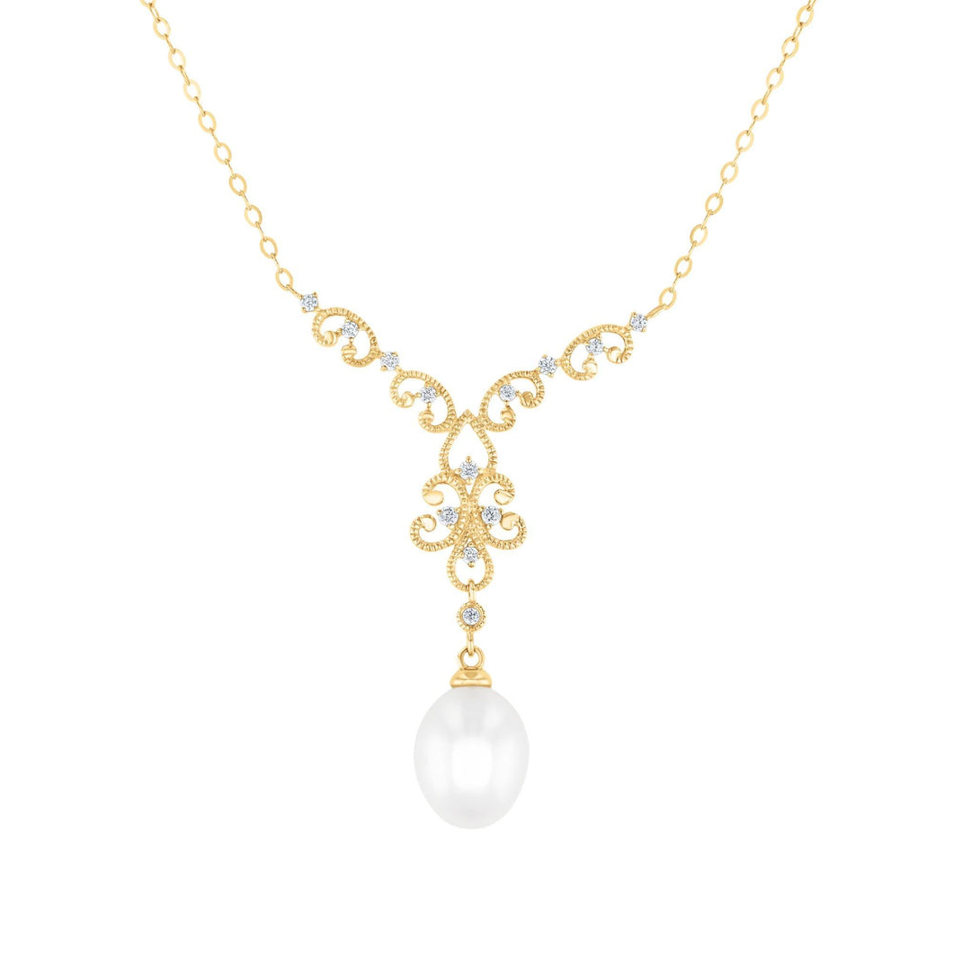 Downton Abbey | Lady Edith - Freshwater Cultured Pearl and 1/10ctw Diamond Yellow Gold Pendant Necklace