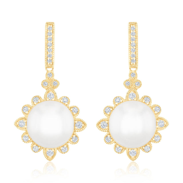 Downton Abbey | Lady Edith - Freshwater Cultured Pearl and 1/4ctw Diamond Yellow Gold Drop Earrings