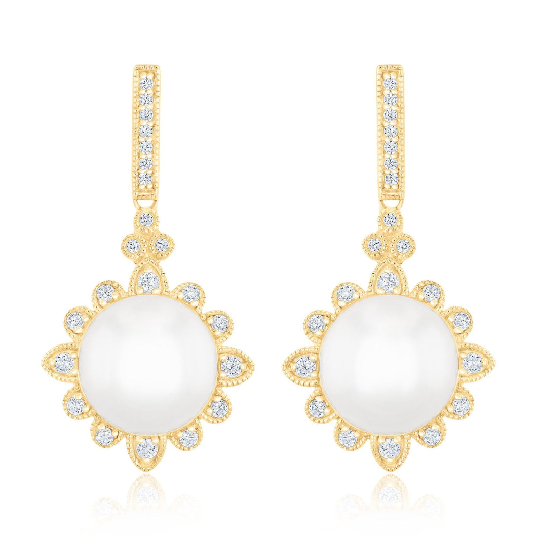 Downton Abbey | Lady Edith - Freshwater Cultured Pearl and 1/4ctw Diamond Yellow Gold Drop Earrings