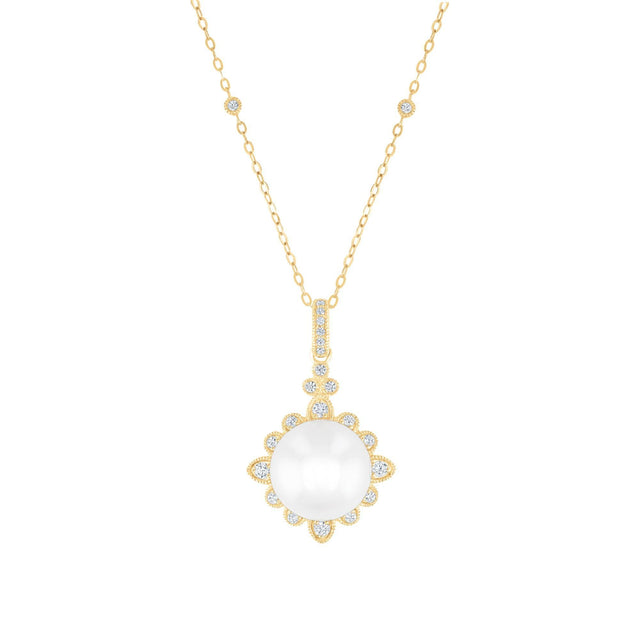 Downton Abbey | Lady Edith - Freshwater Cultured Pearl and 1/4ctw Diamond Yellow Gold Pendant Necklace