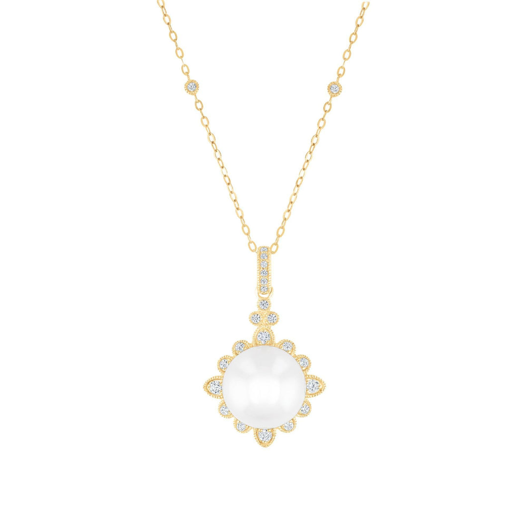 Downton Abbey | Lady Edith - Freshwater Cultured Pearl and 1/4ctw Diamond Yellow Gold Pendant Necklace