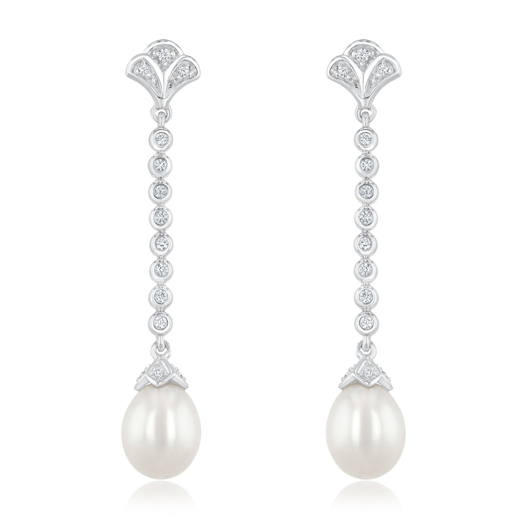 Downton Abbey | Lady Edith - Freshwater Cultured Pearl and Created White Sapphire Drop Sterling Silver Earrings