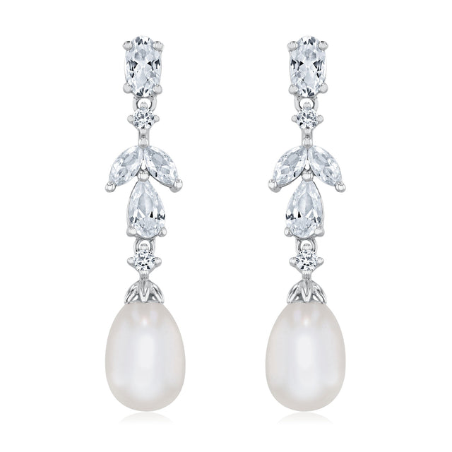 Downton Abbey | Lady Edith - Freshwater Cultured Pearl and Created White Sapphire Sterling Silver Drop Earrings