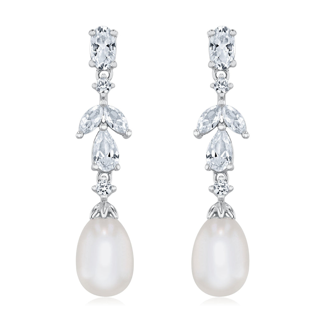 Downton Abbey | Lady Edith - Freshwater Cultured Pearl and Created White Sapphire Sterling Silver Drop Earrings
