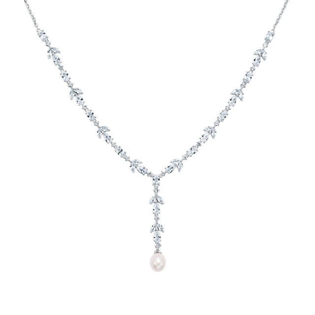 Downton Abbey Lady Edith - Freshwater Cultured Pearl and Created White Sapphire Sterling Silver Drop Pendant Necklace