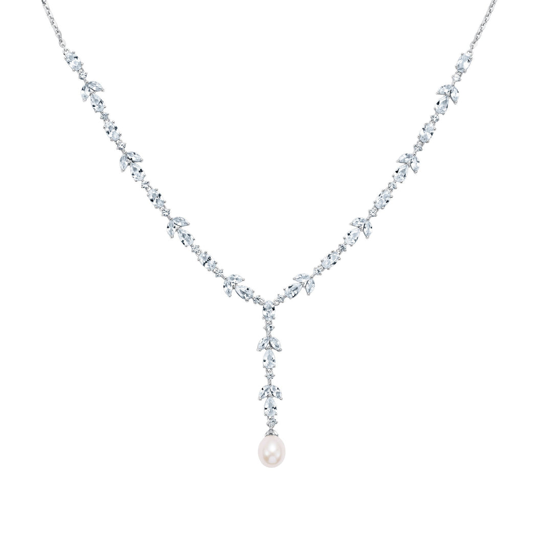 Downton Abbey Lady Edith - Freshwater Cultured Pearl and Created White Sapphire Sterling Silver Drop Pendant Necklace