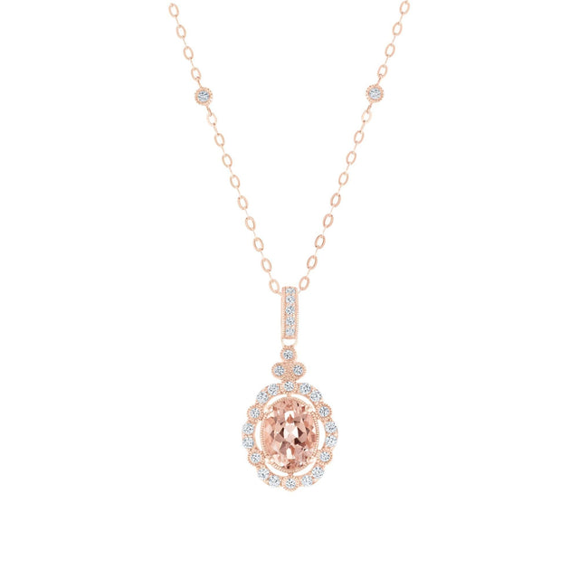 Downton Abbey | Lady Edith - Oval Morganite and 1/4ctw Diamond Rose Gold Pendant Necklace