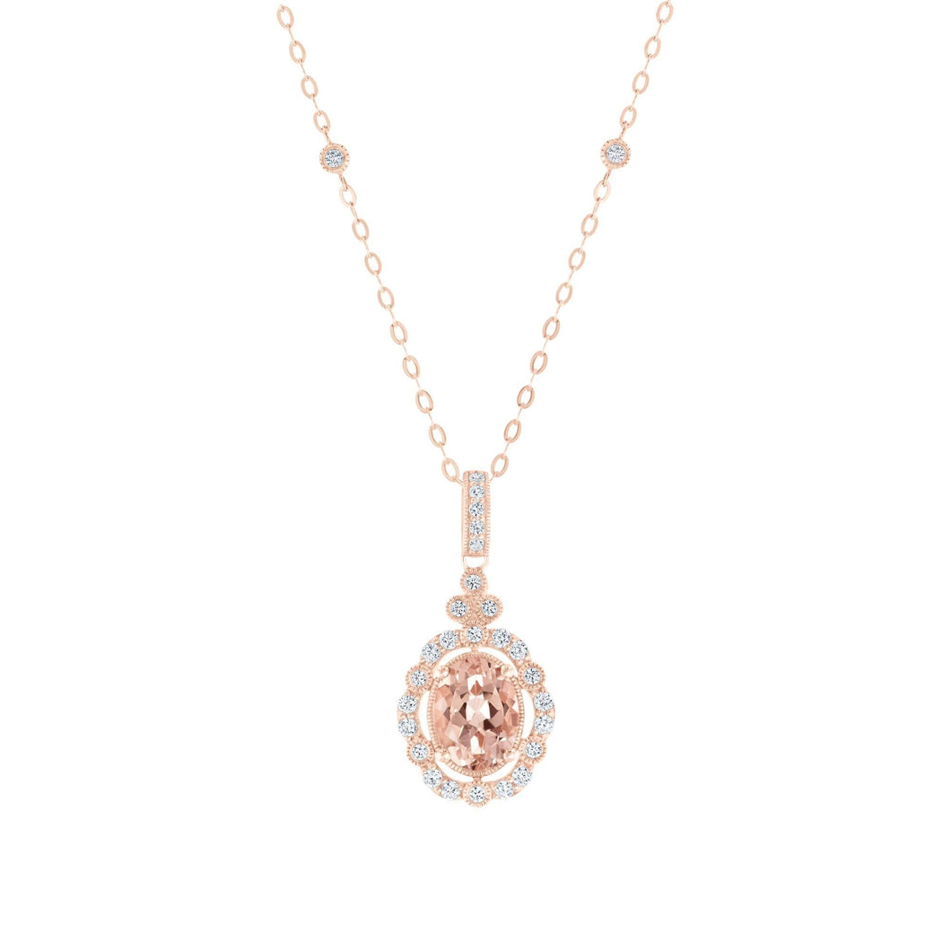 Downton Abbey | Lady Edith - Oval Morganite and 1/4ctw Diamond Rose Gold Pendant Necklace