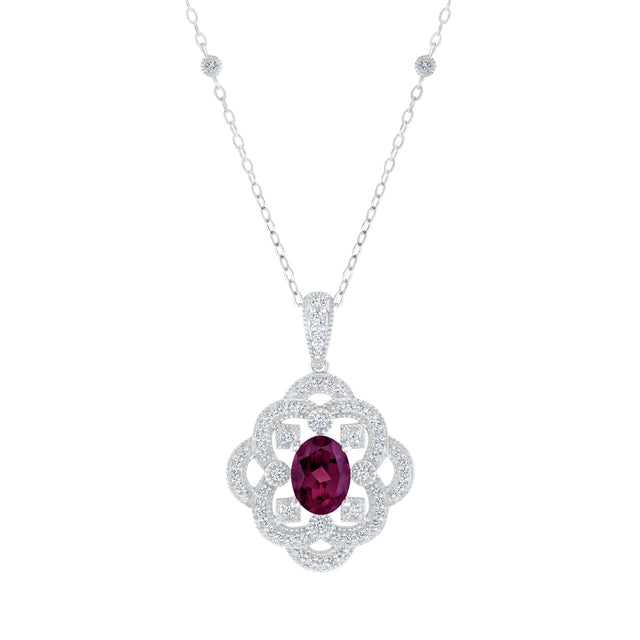 Downton Abbey | Lady Mary - Oval Rhodolite Garnet and Created White Sapphire Milgrain Scroll Sterling Silver Necklace