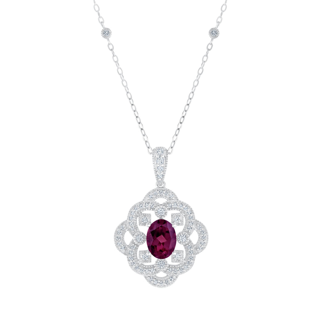 Downton Abbey | Lady Mary - Oval Rhodolite Garnet and Created White Sapphire Milgrain Scroll Sterling Silver Necklace
