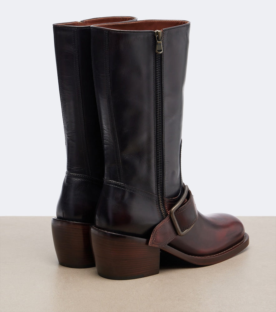 Dries Van Noten Leather biker boots in Burgundy - Mid Heels