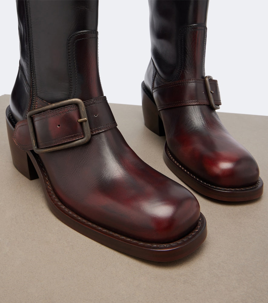 Dries Van Noten Leather biker boots in Burgundy - Mid Heels