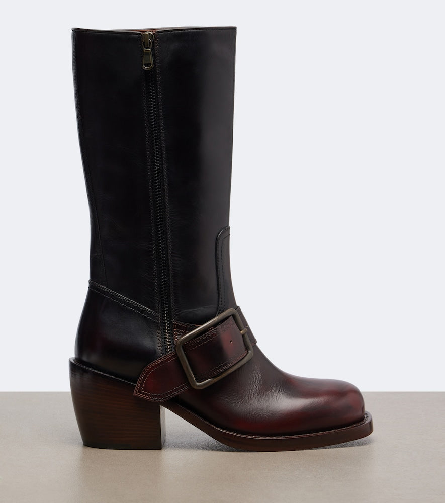 Dries Van Noten Leather biker boots in Burgundy - Mid Heels