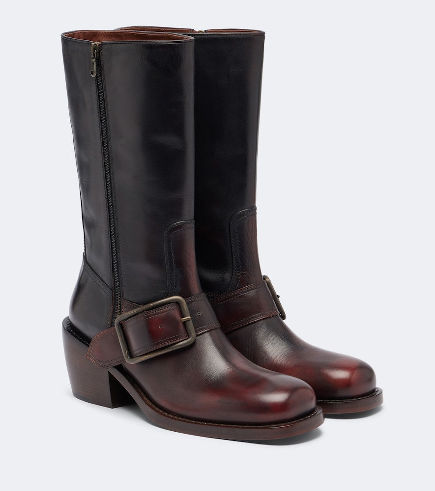 Dries Van Noten Leather biker boots in Burgundy - Mid Heels