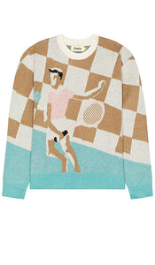 Duvin Design Racket Club Crew Knit Sweater in Brown - Duvin Design - Racket Club - Pull ras du cou en tricot marron - Duvin Design Racket Club 棕色圆领针织毛衣 - Duvin Design Racket Club Rundhals-Strickpullover in Braun - Duvin Design Racket Club 크루 니트 스웨터브라운 색상 - Maglione lavorato a maglia a girocollo Duvin Design Racket Club in marrone