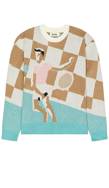 Duvin Design Racket Club Crew Knit Sweater in Brown - Duvin Design - Racket Club - Pull ras du cou en tricot marron - Duvin Design Racket Club 棕色圆领针织毛衣 - Duvin Design Racket Club Rundhals-Strickpullover in Braun - Duvin Design Racket Club 크루 니트 스웨터브라운 색상 - Maglione lavorato a maglia a girocollo Duvin Design Racket Club in marrone
