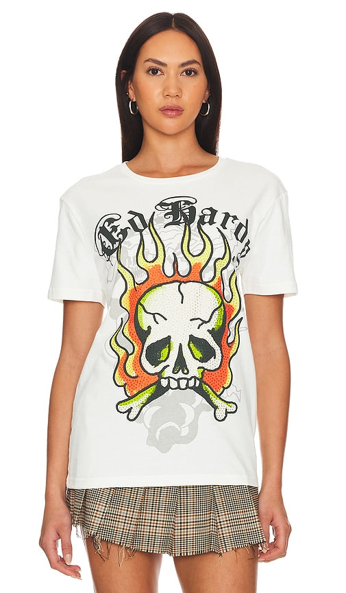 Ed Hardy Flame Skull Tee in Ivory - T-shirt Ed Hardy Flame Skull en ivoire - Ed Hardy 象牙色火焰骷髅 T 恤 - Ed Hardy Flame Skull T-Shirt in Elfenbein - Ed Hardy 플레임 스컬 티셔츠 색상 - Maglietta con teschio di fiamma di Ed Hardy in avorio