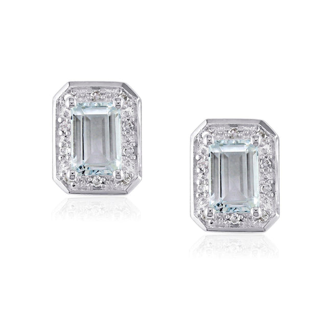 Emerald Aquamarine Diamond Halo Sterling Silver Earrings 1/15ctw