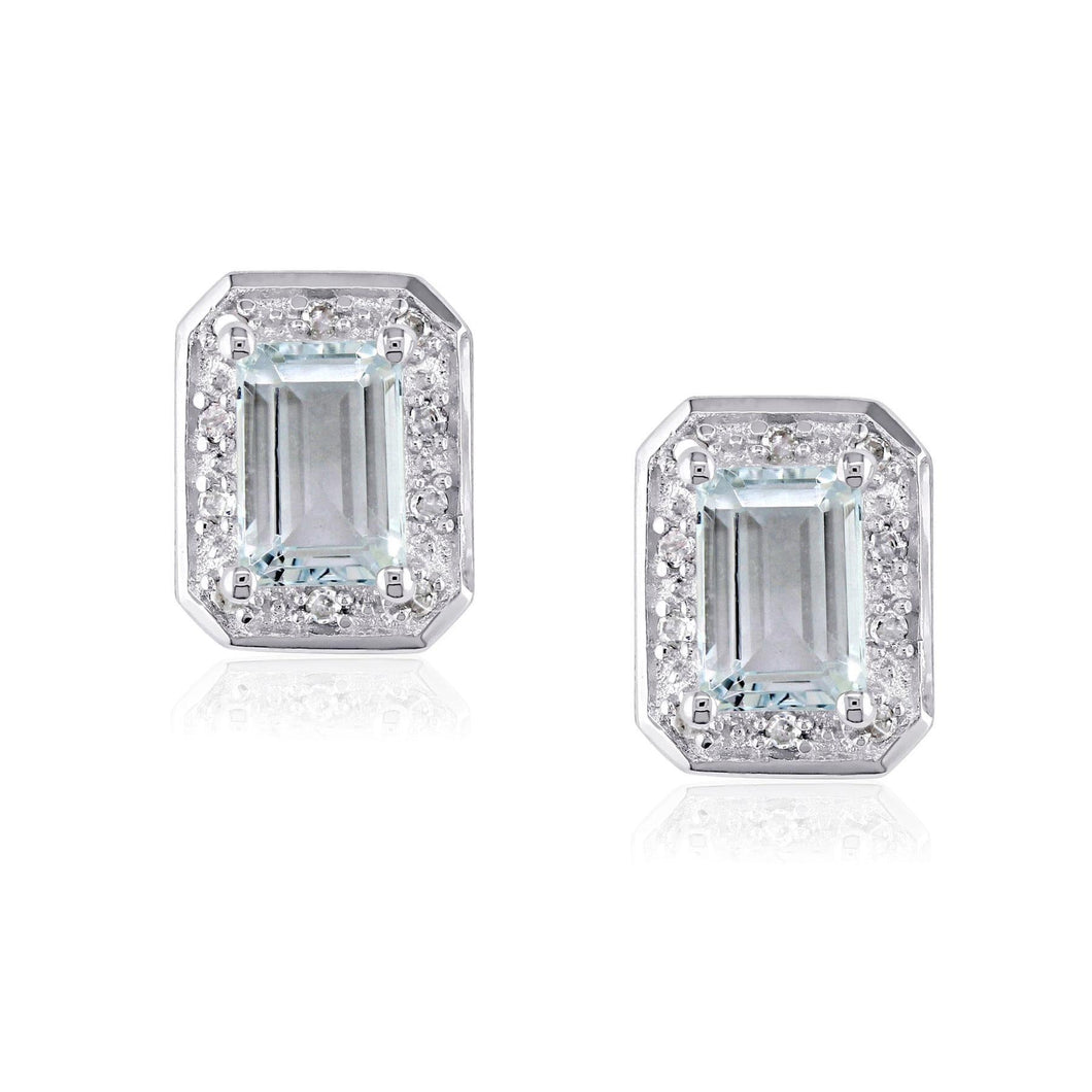 Emerald Aquamarine Diamond Halo Sterling Silver Earrings 1/15ctw