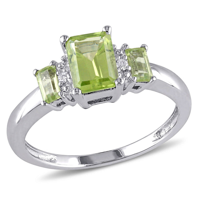 Emerald-Cut, Baguette, and Round Peridot and 1/20ctw Diamond White Gold Ring- Size 8