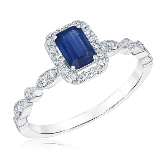Emerald-Cut Blue Sapphire and 1/4ctw Diamond White Gold Ring - Watercolor Collection