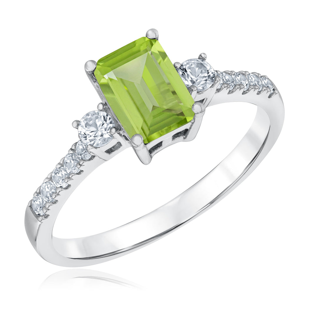 Emerald-Cut Peridot and Created White Sapphire Sterling Silver Ring