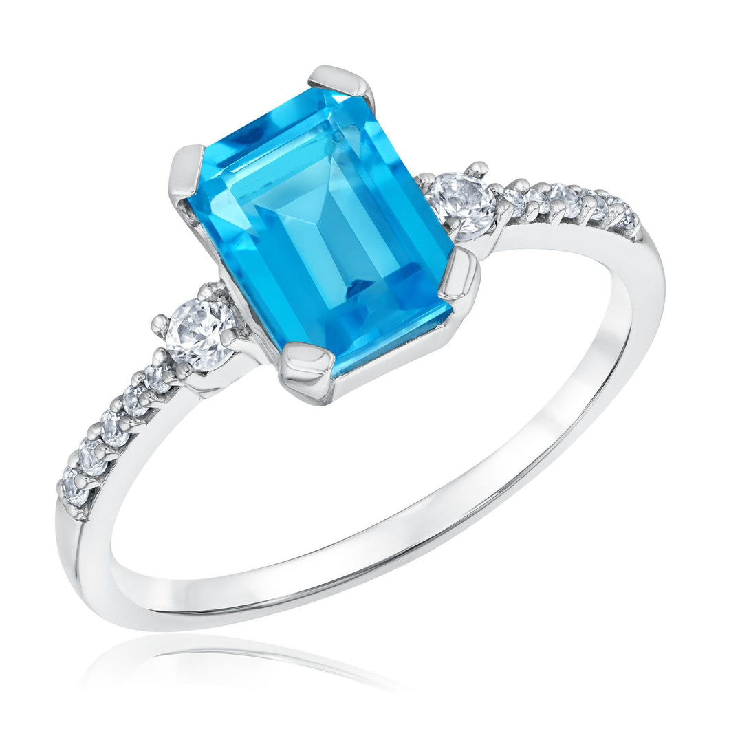 Emerald-Cut Swiss Blue Topaz and Created White Sapphire Sterling Silver Ring