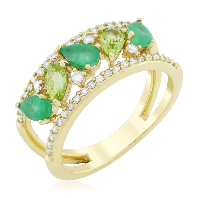 Emerald, Peridot, and 1/4ctw Diamond Yellow Gold Ring - Size 6