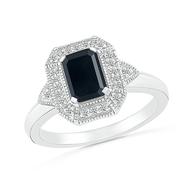 Emerald-Shaped Black Onyx and White Topaz Halo Sterling Silver Ring - Size 5