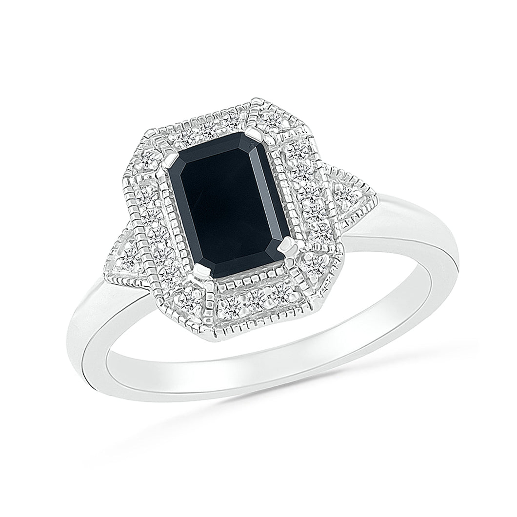 Emerald-Shaped Black Onyx and White Topaz Halo Sterling Silver Ring - Size 5